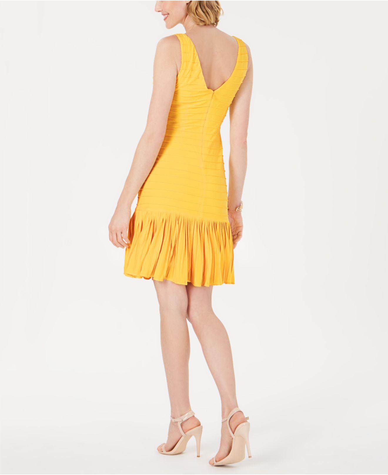 Adrianna Papell Synthetic Drop-waist Pleated Dress in Canary Yellow  (Yellow) | Lyst
