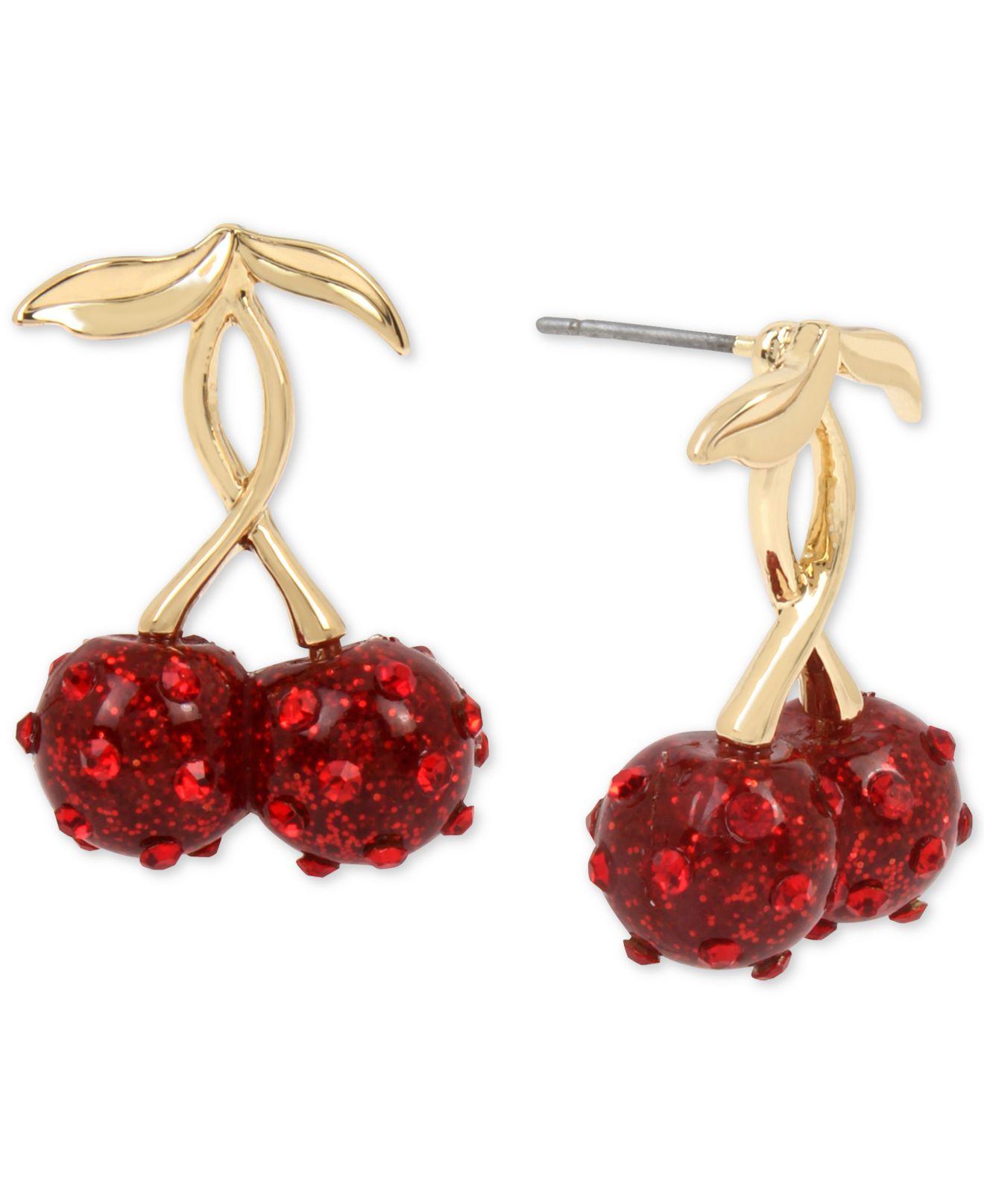 Betsey Johnson Gold-tone Pavé Cherry Drop Earrings in Red - Lyst