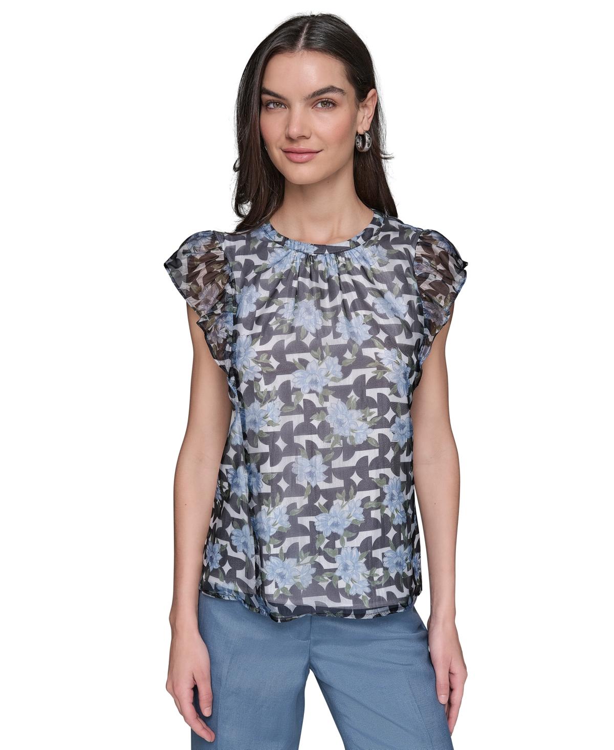 売れ筋商品|||カールラガーフェルド カットソー トップス レディース Women's Mixed-Print Flutter-Sleeve Top Marine Multi カールラガーフェルド レディース カットソー トップス Women's