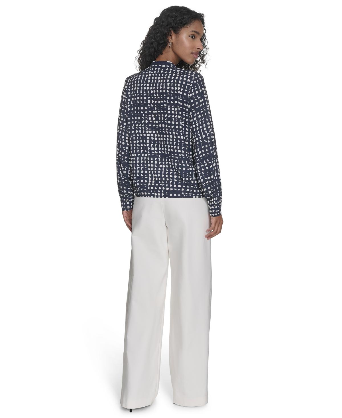 売れ筋商品|||カルバンクライン カットソー トップス レディース Petite Printed Long Sleeve Tie-Neck Blouse Navy/cream Calvin Klein Petite Printed Long Sleeve Tie-neck Blouse in