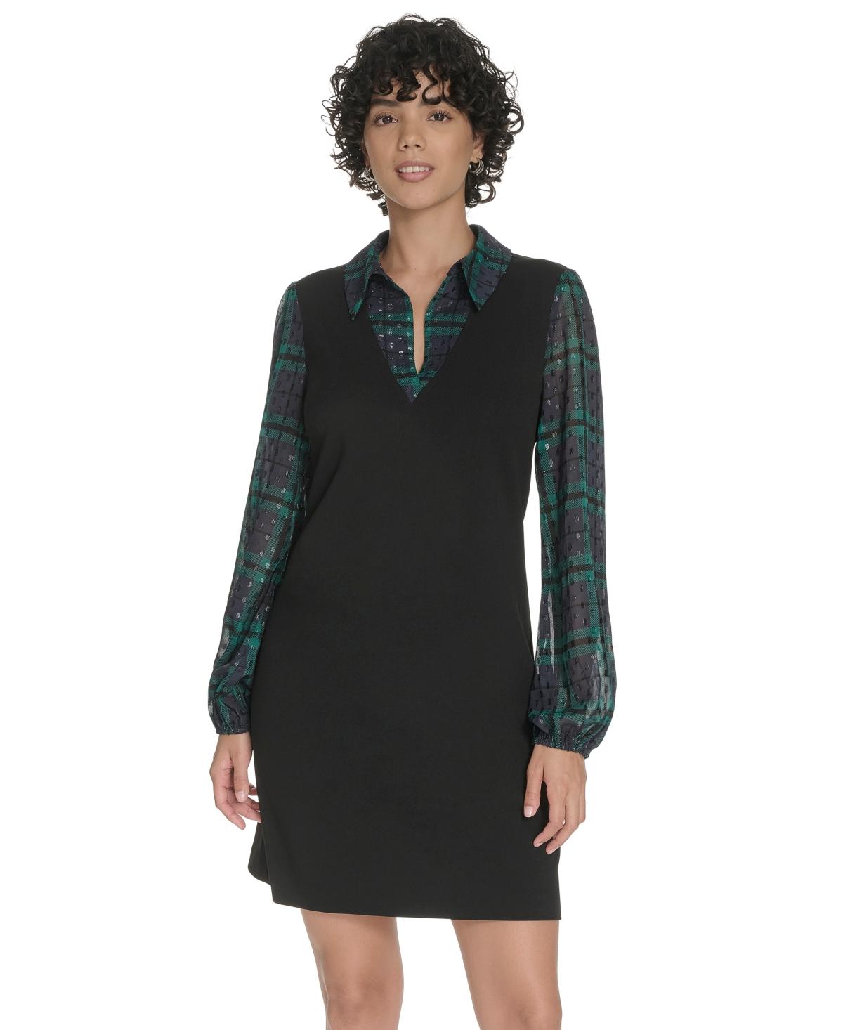 Tommy Hilfiger Collared V-neck Plaid Dress in Black | Lyst