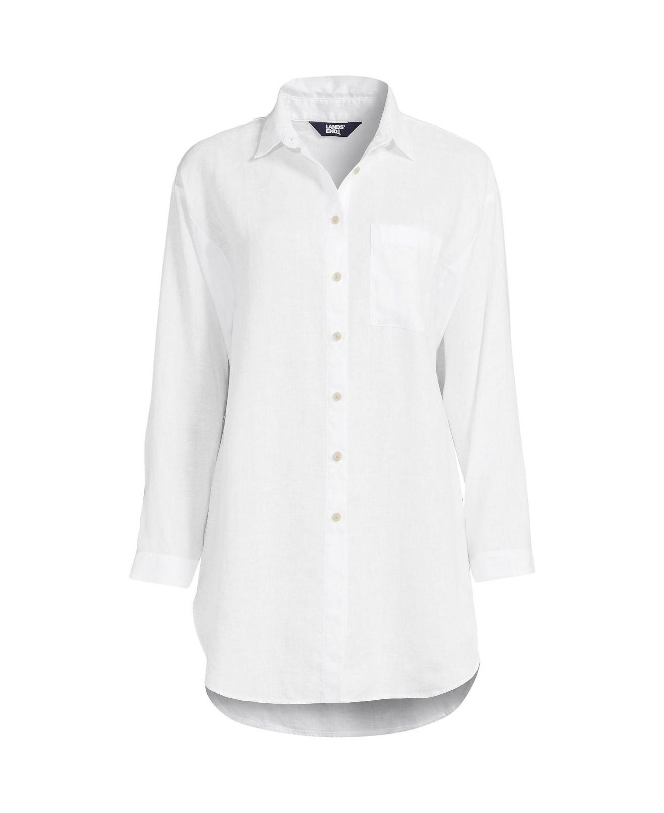 Lands' End Petite Linen Long Sleeve Oversized Extra Long Tunic Top in White Lyst