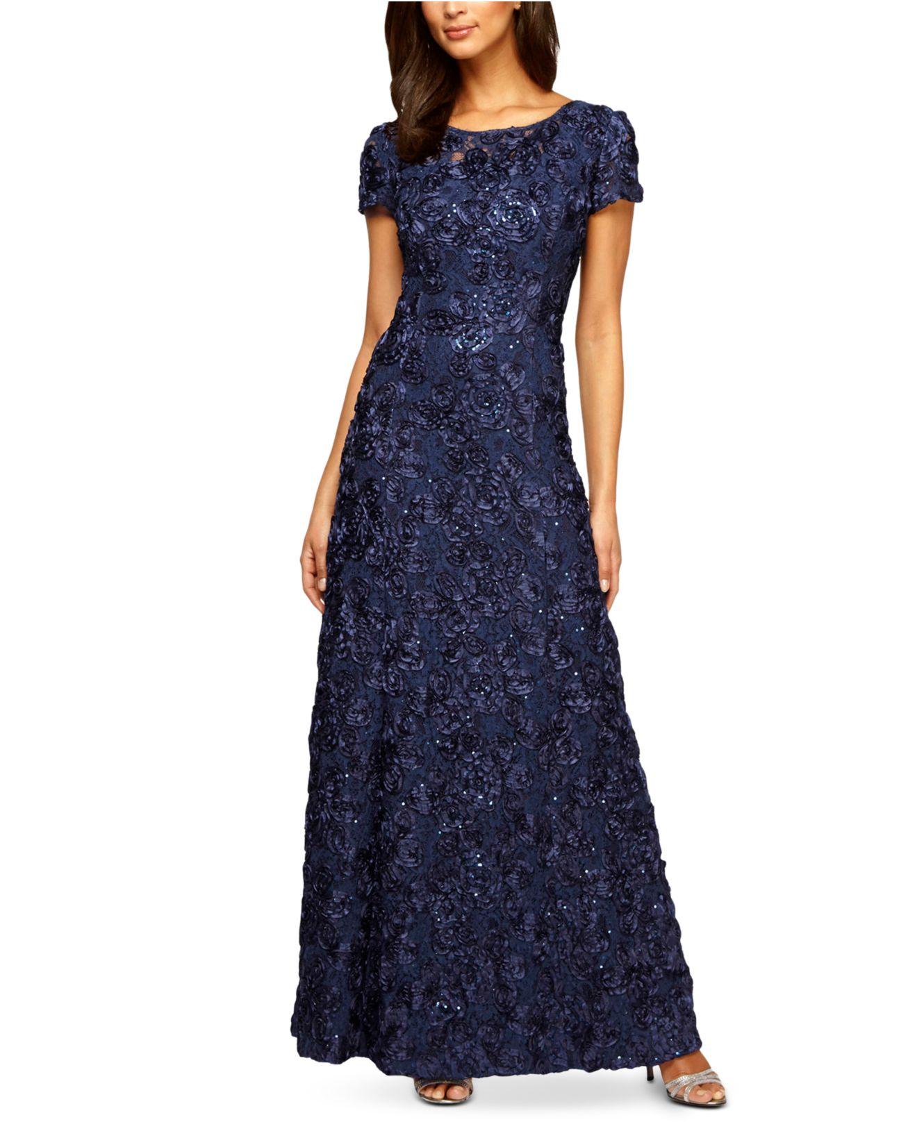Alex Evenings Lace A-line Rosette Dress in Navy (Blue) - Lyst