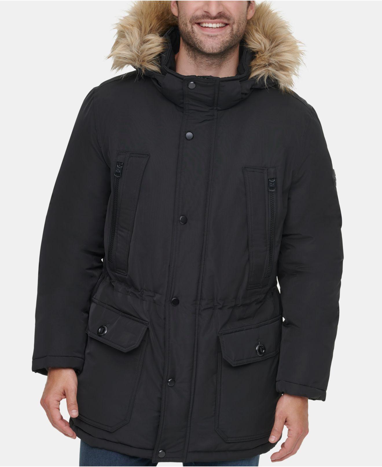 Calvin Klein Long Snorkel Coat With Fauxfur Trimmed Hood in Black for