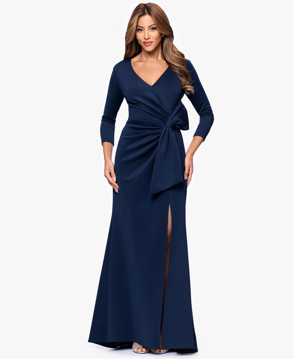 Xscape V-neck Waist Side Bow Long Dress in Blue | Lyst