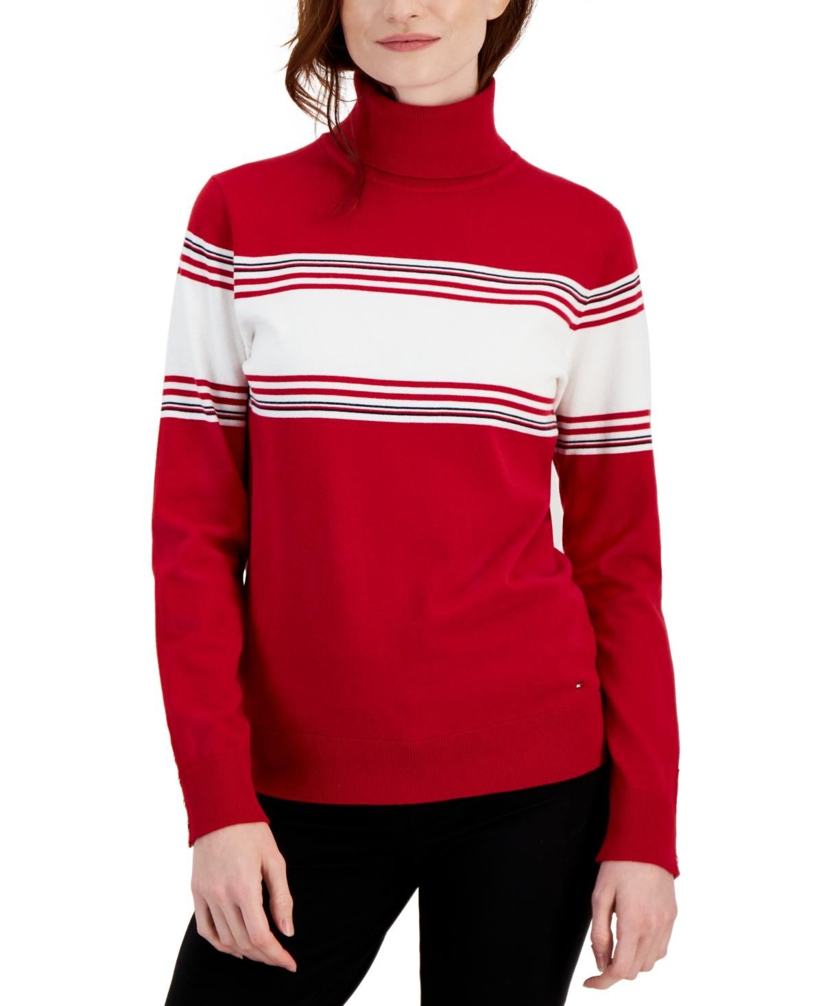 Tommy Hilfiger Stella Colorblock Button Sweater Turtleneck Cuff | Lyst in Red