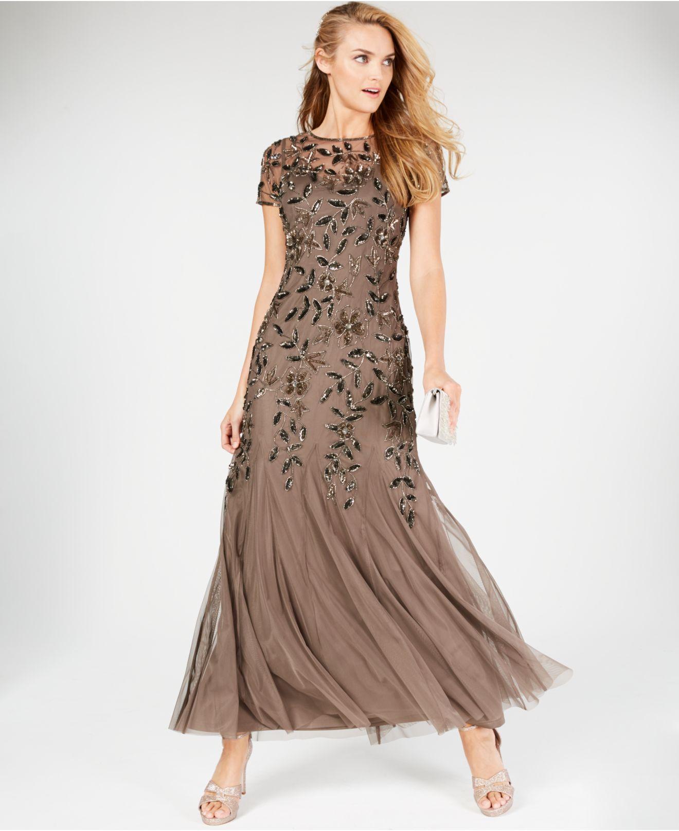 Adrianna Papell Chiffon Embellished Floral-print Gown in Lead (Brown ...