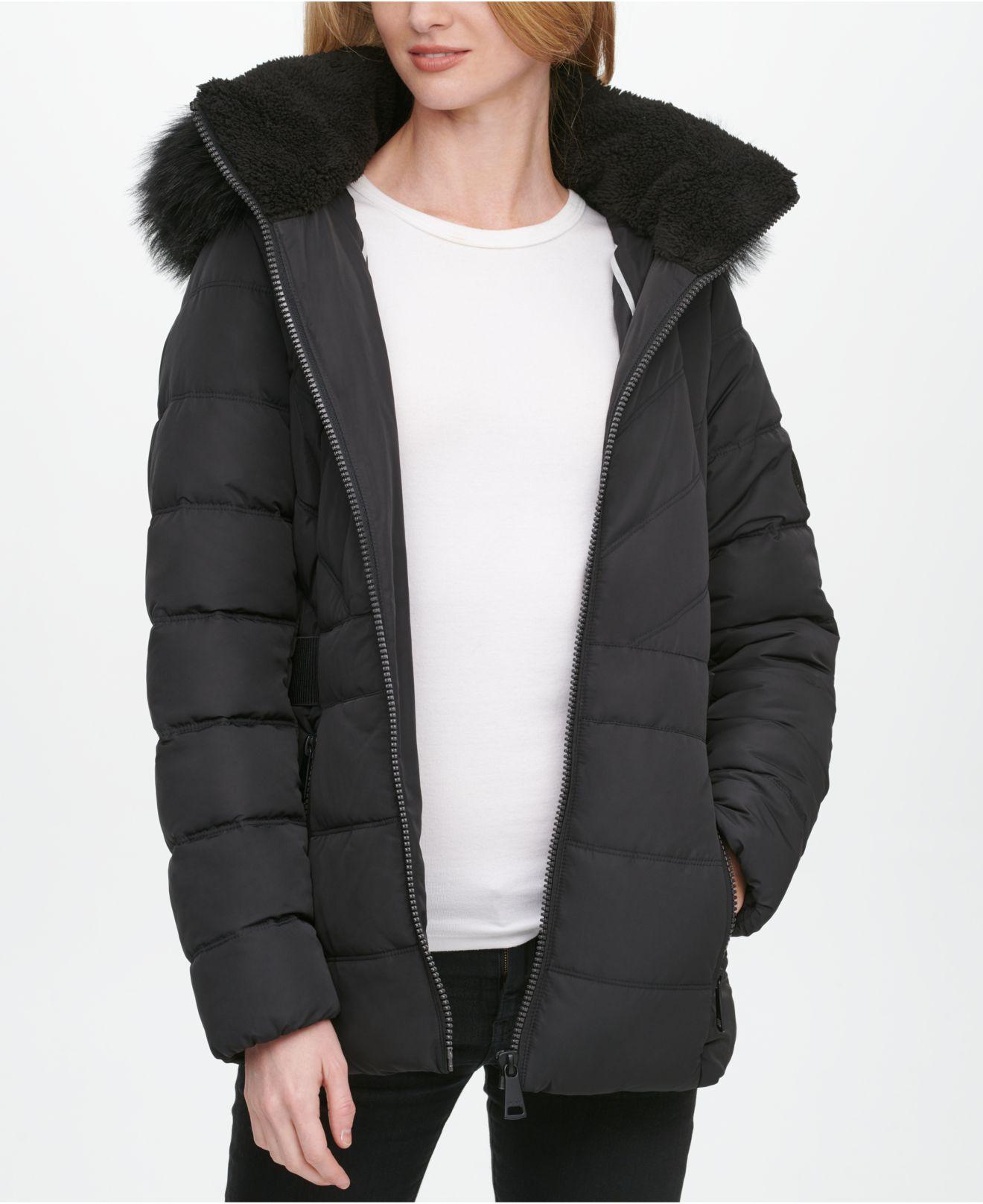 DKNY Fauxfur Trim Hooded Puffer Coat in Black Lyst