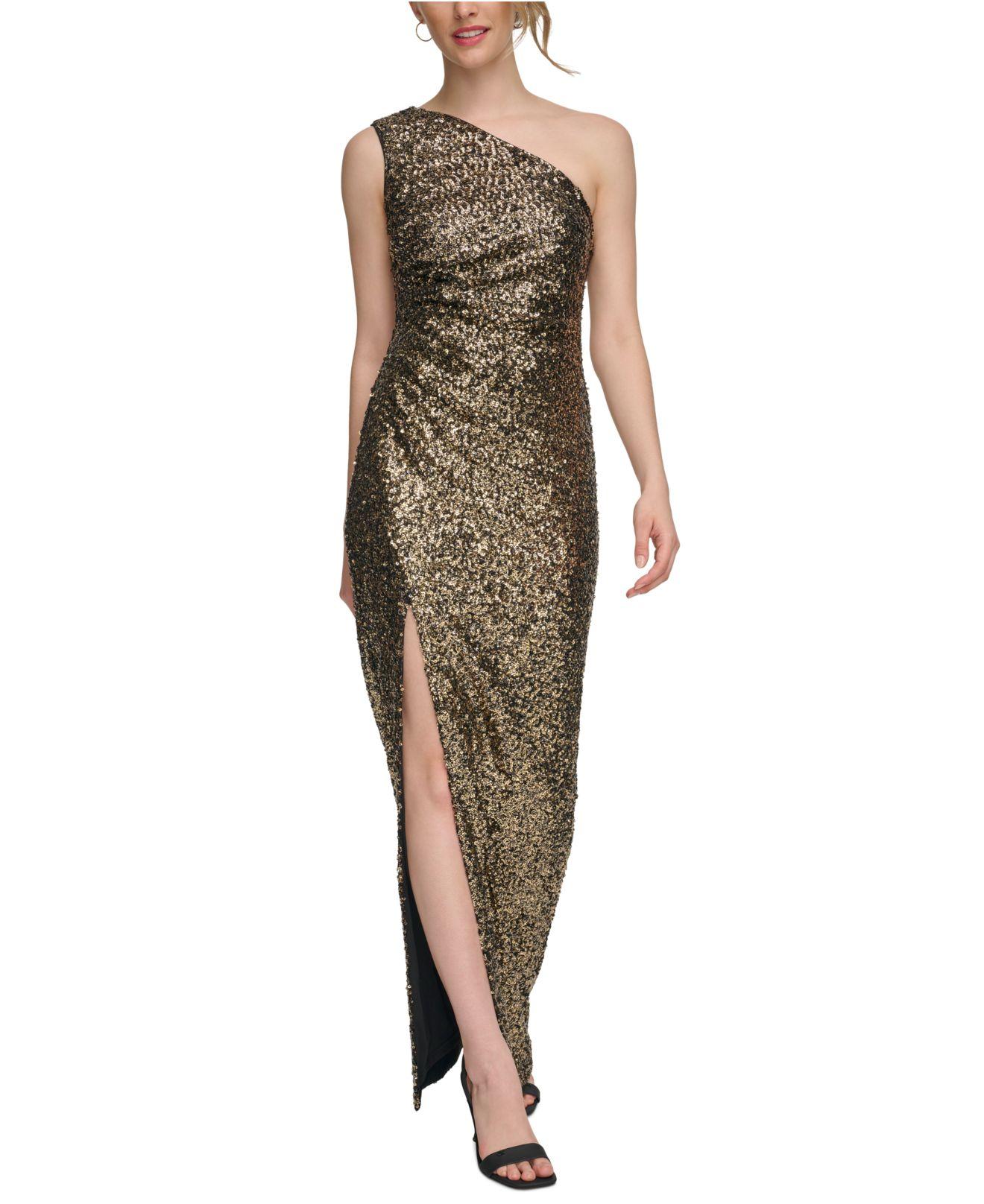 Calvin Klein Sequined One-shoulder Front-slit Gown in Green | Lyst