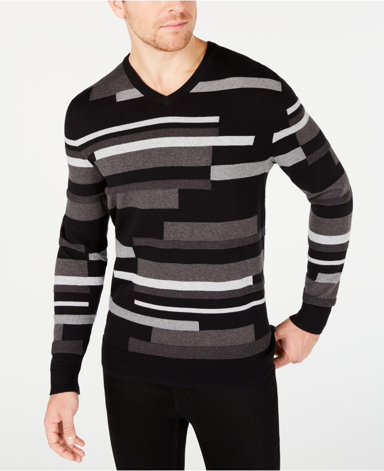 Alfani Men Sweater Ebony Heather Black Size XL Contrast-Stripe Crewneck $85 #123
