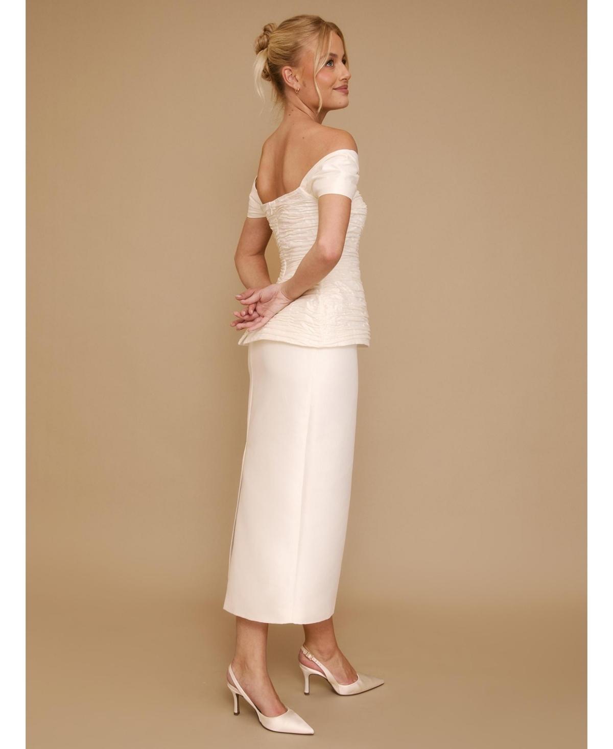 Six Stories Gathered Bardot Peplum Midi Dress in Natural | Lyst