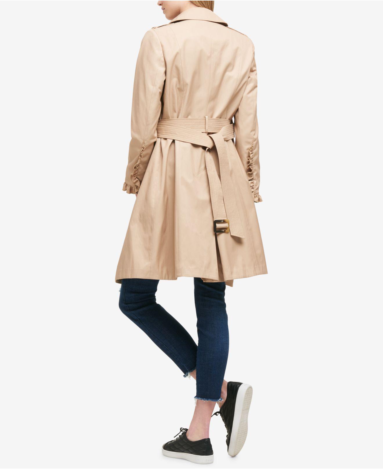 DKNY Synthetic Ruffled Double-breasted Belted Trench Coat in Khaki  (Natural) - Lyst