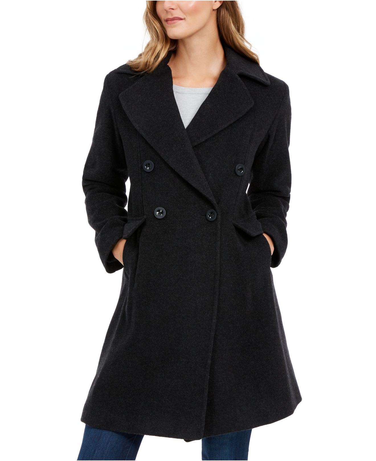Anne Klein Wool Double-breasted Coat in Charcoal (Black) - Lyst