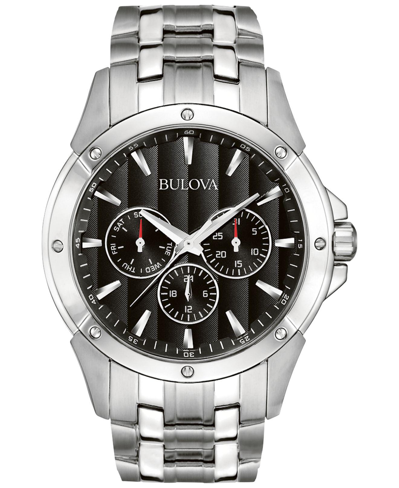 bulova stainless watches steel bracelet mens under 43mm dial macys macy gray chronograph calendar relogios jewelry tablero seleccionar