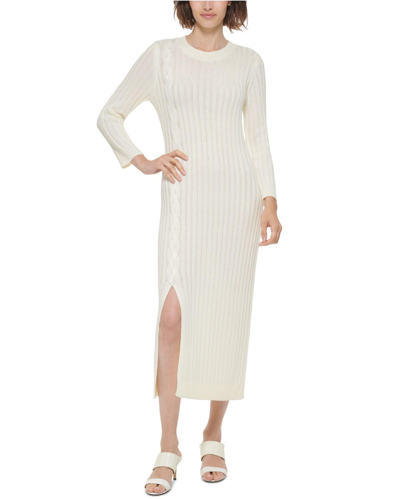 Calvin Klein Synthetic Ribbedknit Midi Sweater Dress in Cream (White