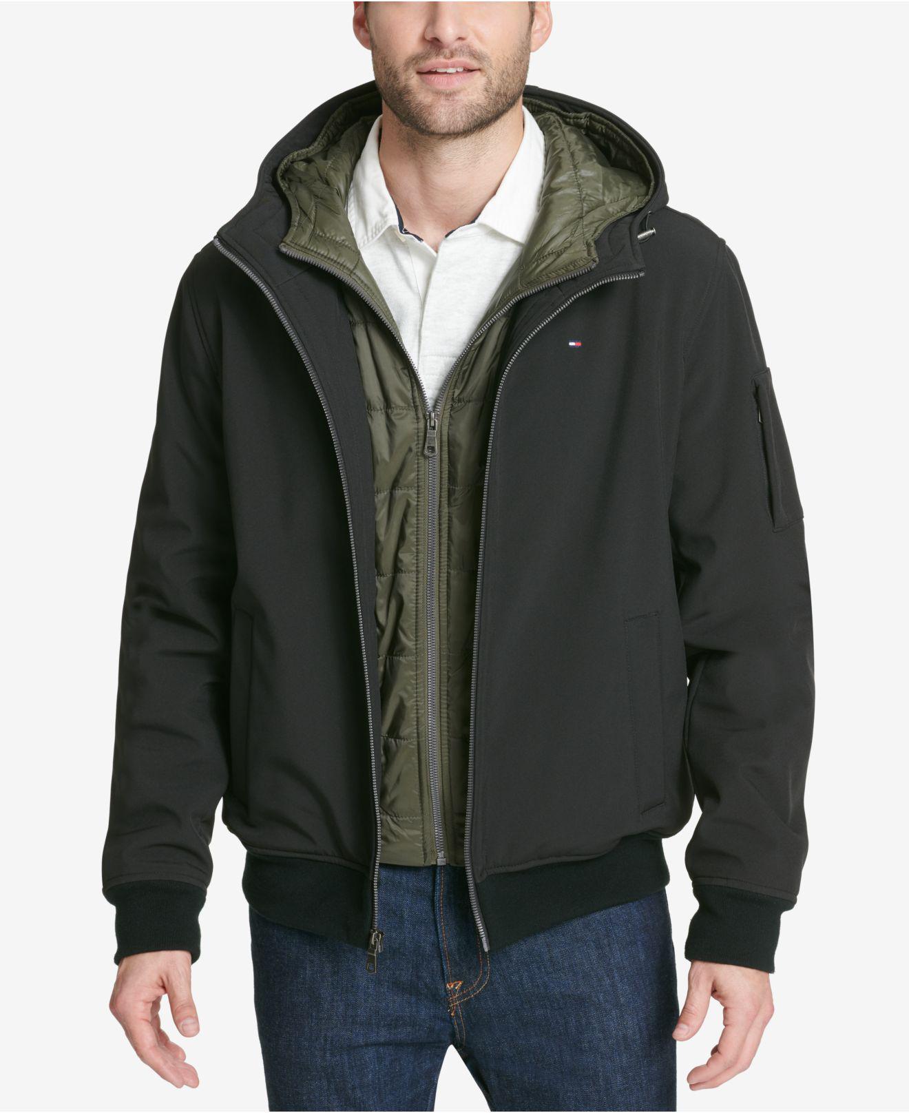Tommy Hilfiger Synthetic Soft-shell Hooded Bomber Jacket With Bib in Black  for Men - Lyst