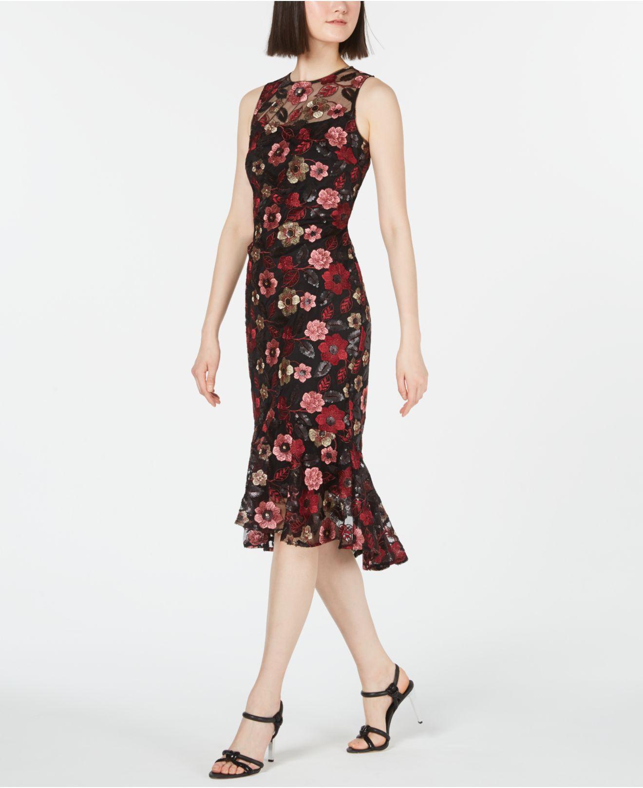 Calvin Klein Sequined Floral Embroidered Flounce Dress in Black | Lyst
