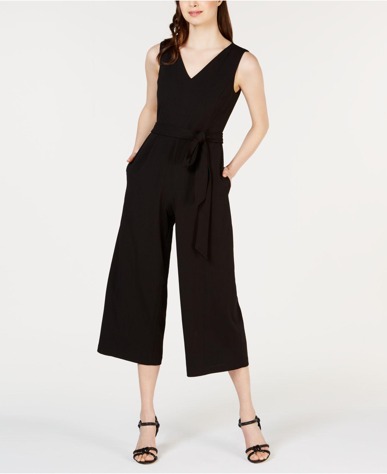Calvin Klein Synthetic Vneck Belted Cropped Jumpsuit in Black Lyst