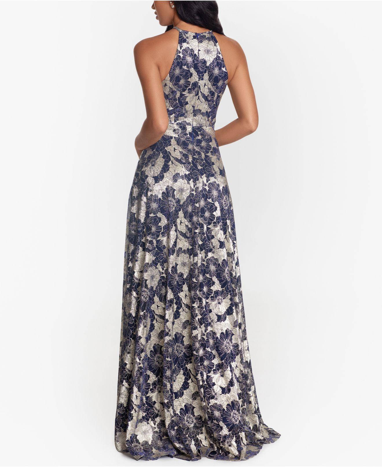 Betsy & Adam Synthetic Metallic Floral Halter Gown - Lyst