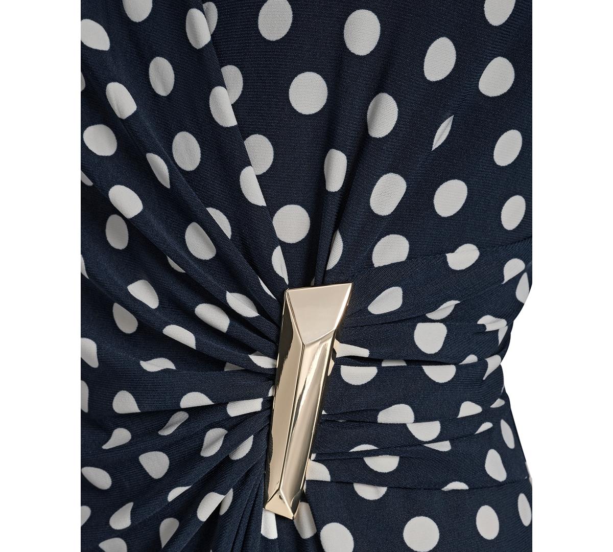 DKNY Long Sleeve Faux Wrap Polka Dot Knee Length Dress in Blue | Lyst