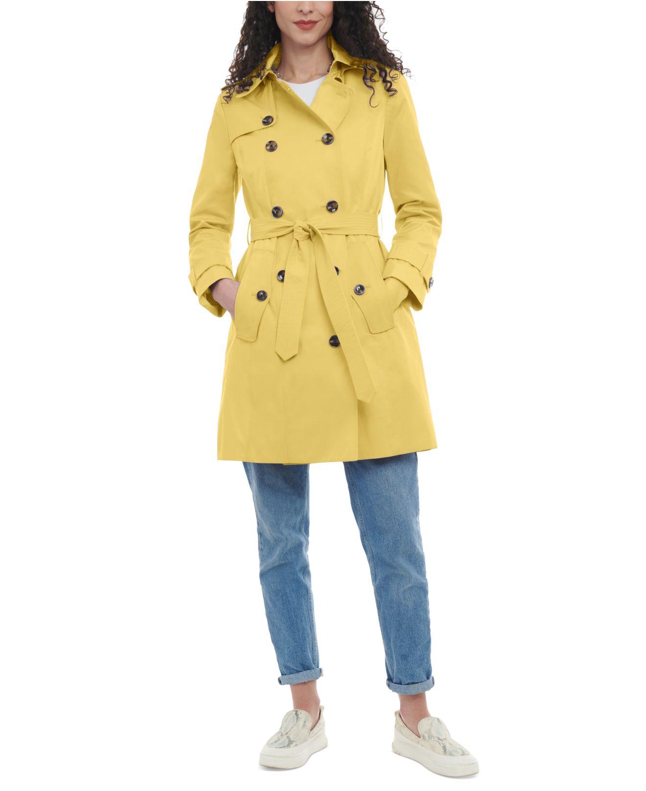 London Fog Petite Hooded Double-breasted Trench Coat in Yellow | Lyst