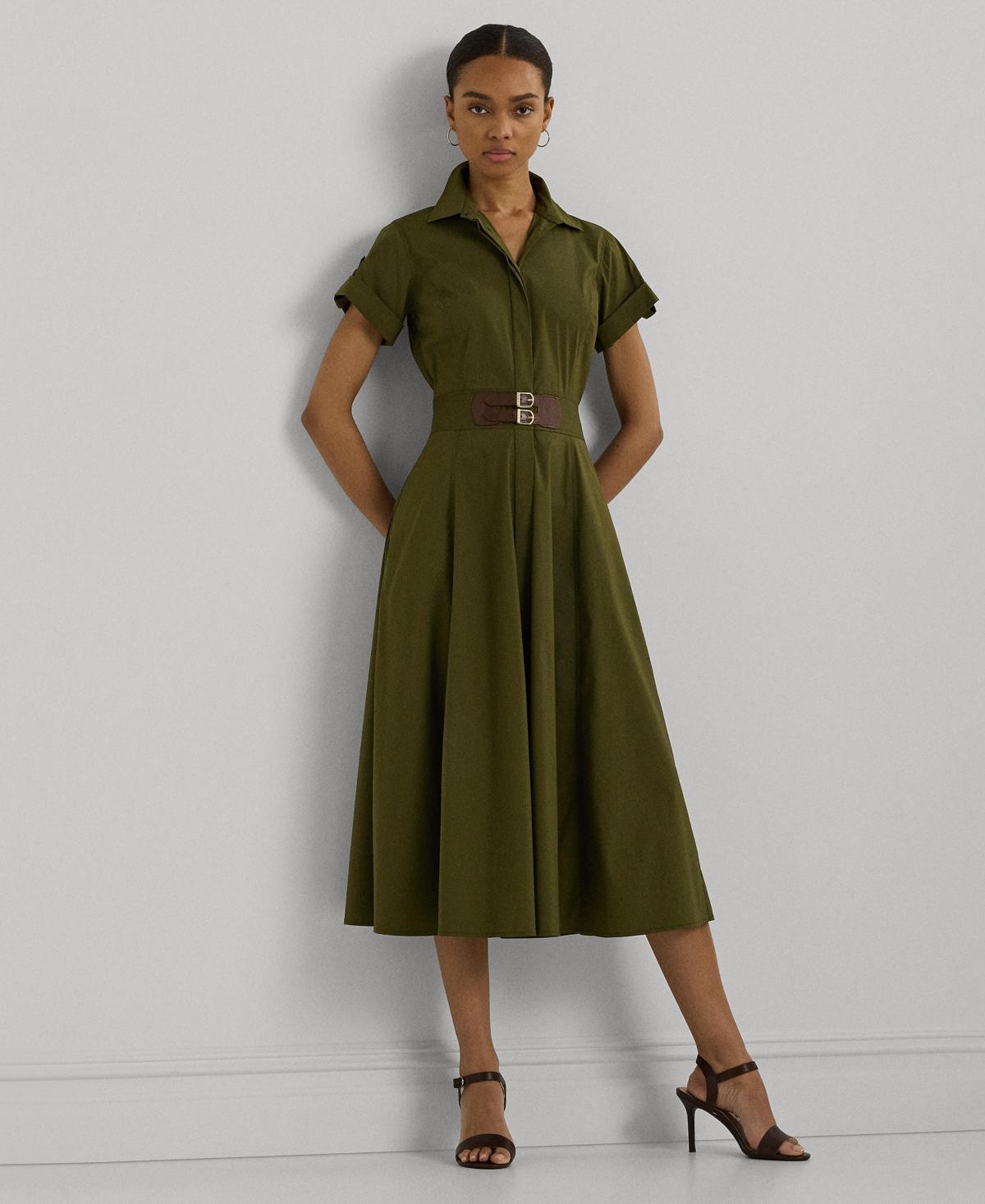 Ralph Lauren Buckle-trim Stretch-cotton Blend Dress in Green | Lyst