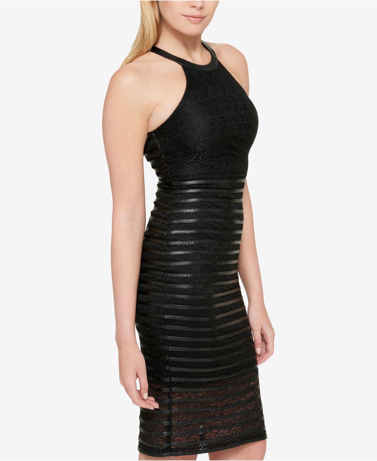 Guess Lace & Fauxleather Halter Dress in Black Lyst