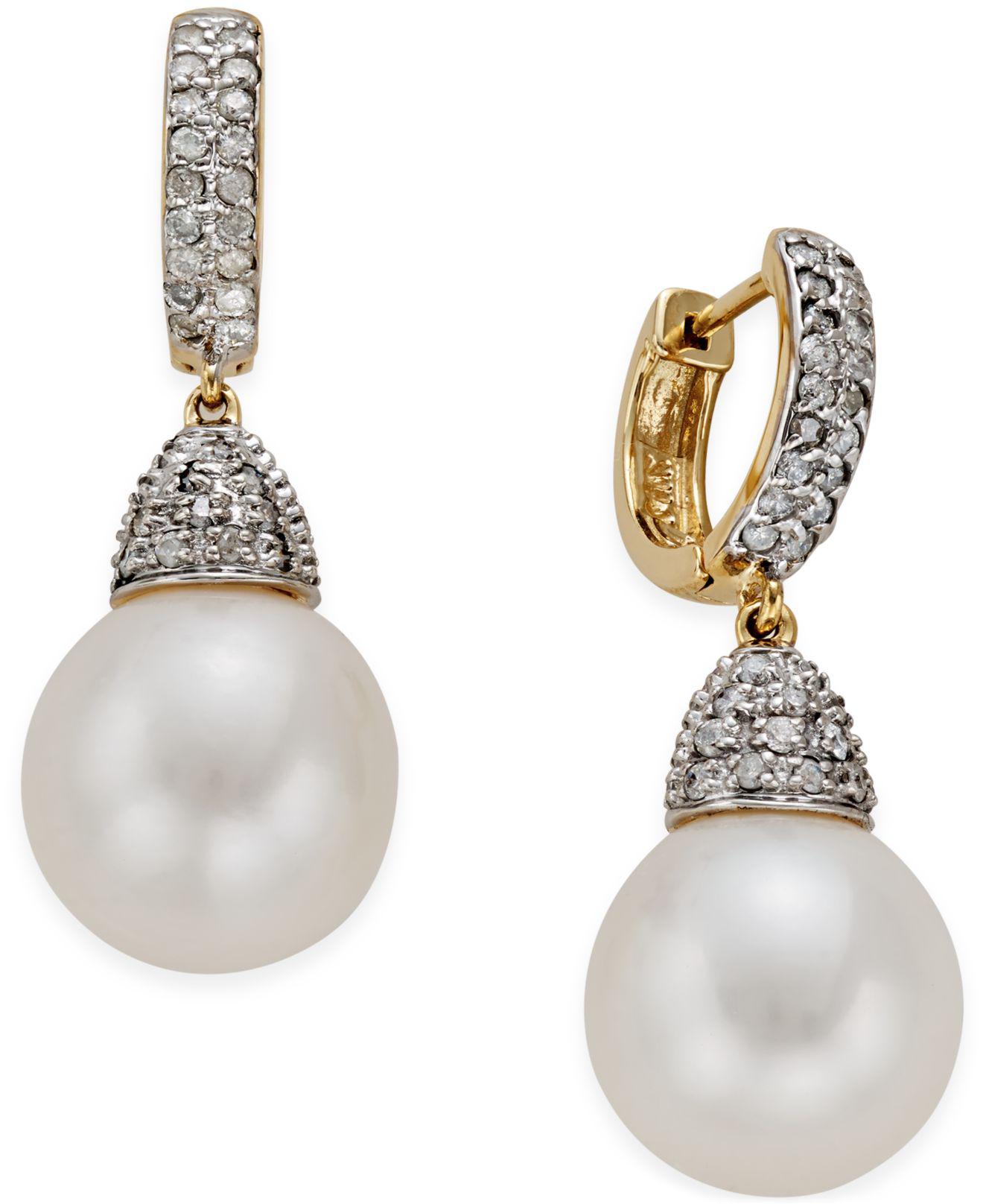 Macy's Freshwater Pearl (11mm) And Diamond (3/4 Ct. T.w.) Drop Earrings ...