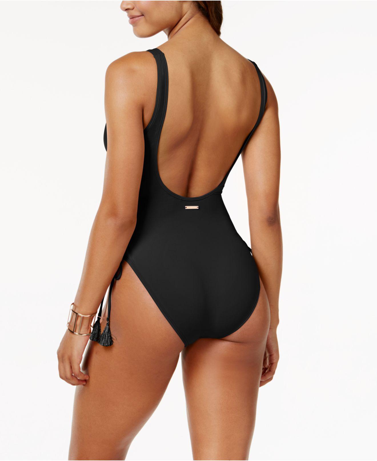 limiet temperament Opname Vince Camuto Riviera Side Lace-up One-piece High-leg Swimsuit in Black |  Lyst