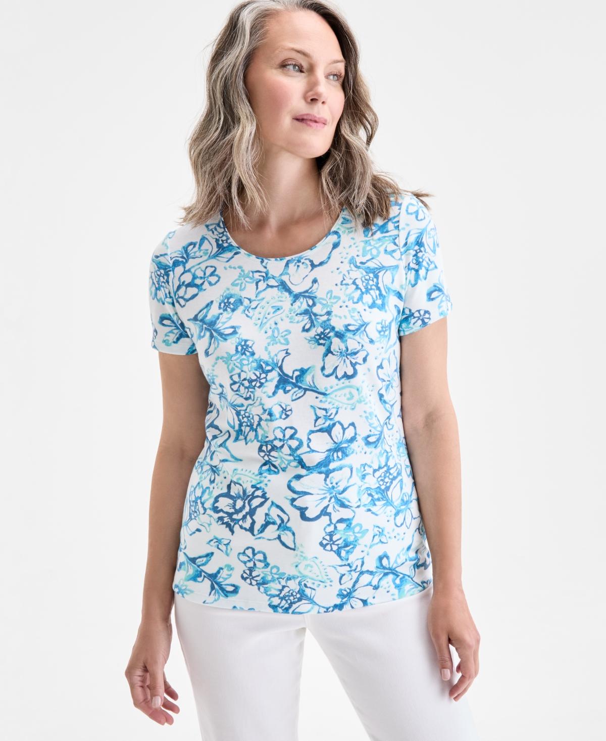 売れ筋商品|||スタイルアンドコー カットソー トップス レディース Women's Printed Scoop-Neck Short Sleeve Top, Exclusively at Macy's Bright White Floral Combo Style & Co Women's Printed Scoop-Neck Short Sleeve Top
