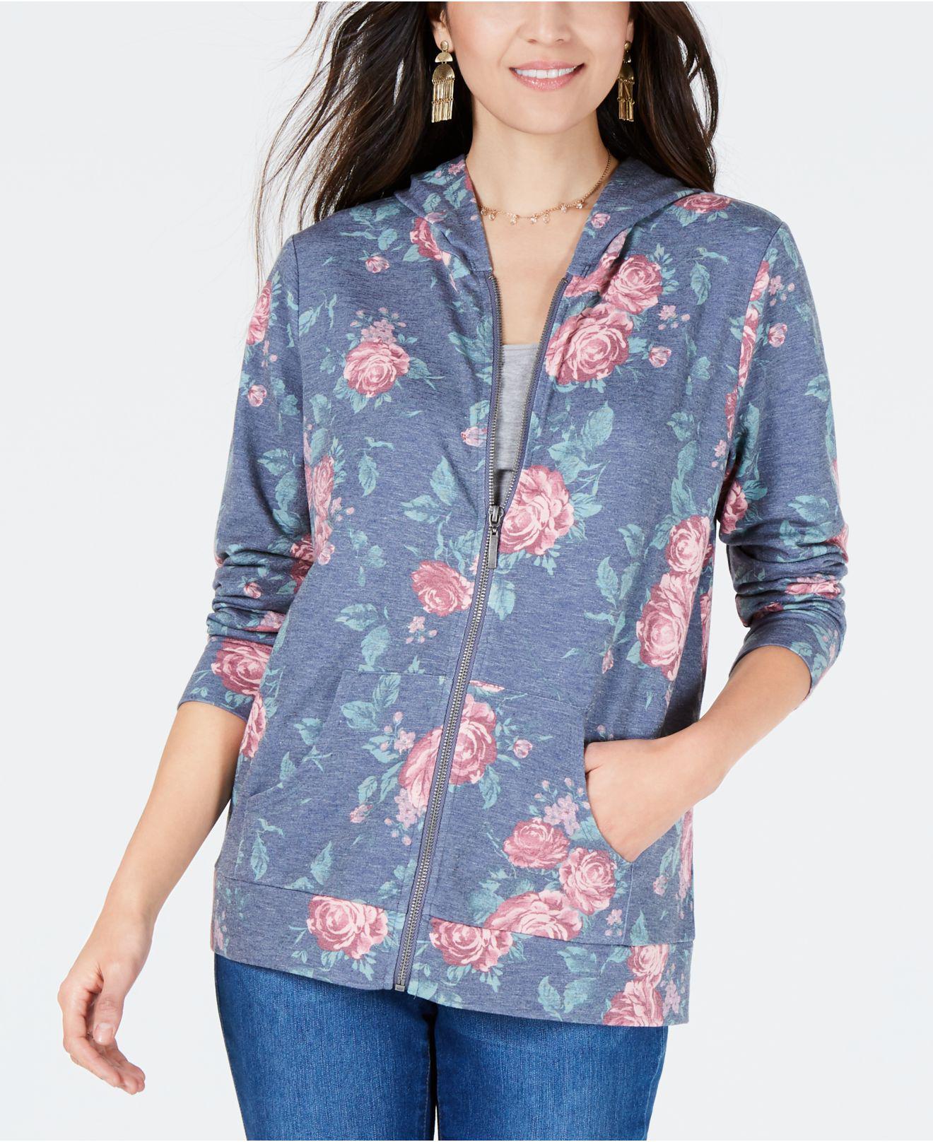 Style Co Synthetic Floral  print Zip  up  Hoodie  Top 