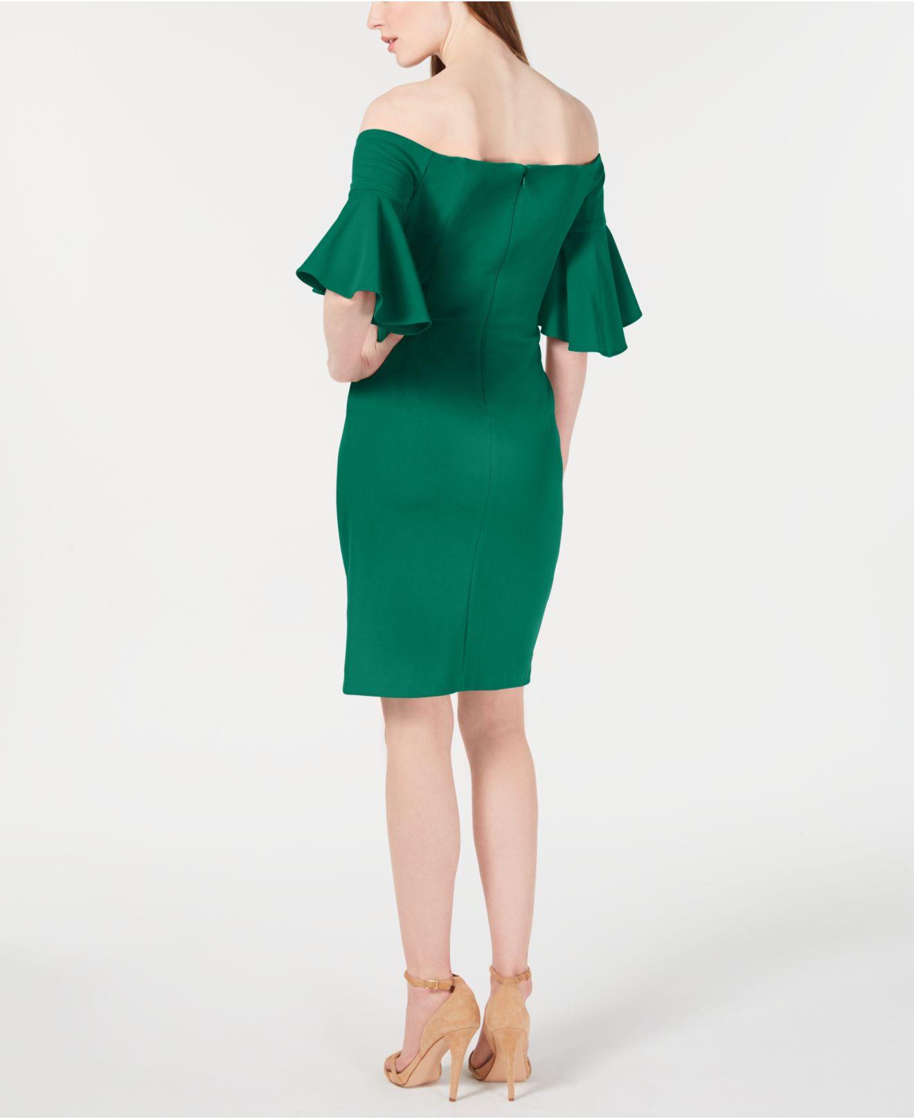 Calvin Klein Off-the-shoulder Ruched Sheath Dress in Green | Lyst