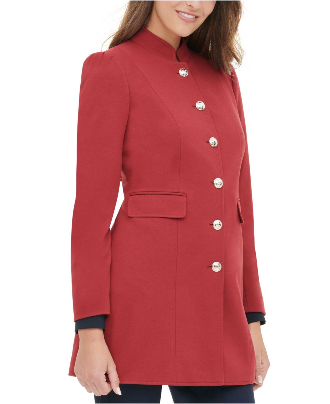 Tommy Hilfiger Synthetic Mandarin Collar Ponte Button Front Military Topper Jacket  in Crimson (Red) | Lyst