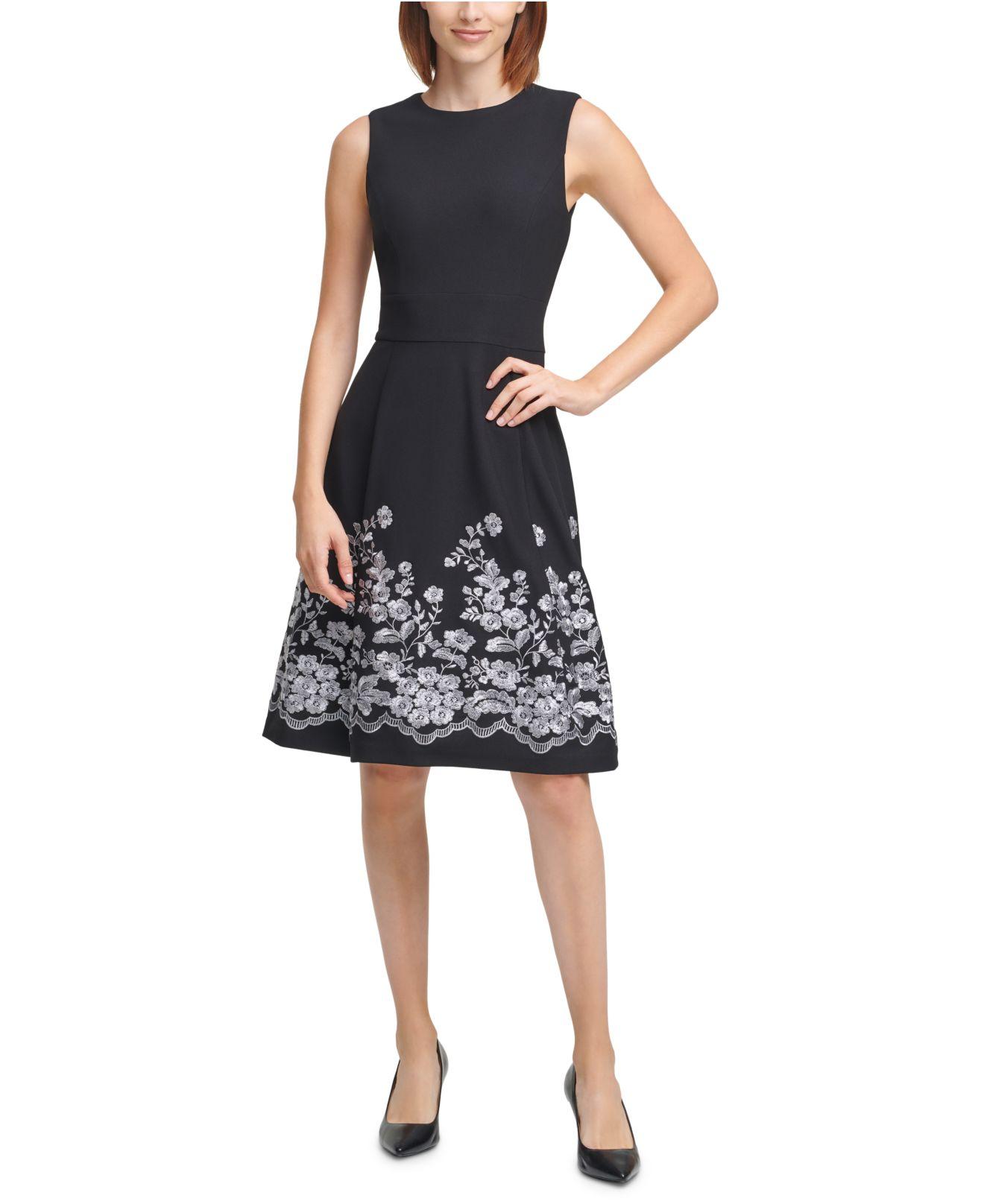 Calvin Klein Petite Embroidered Fit & Flare Dress in Black | Lyst