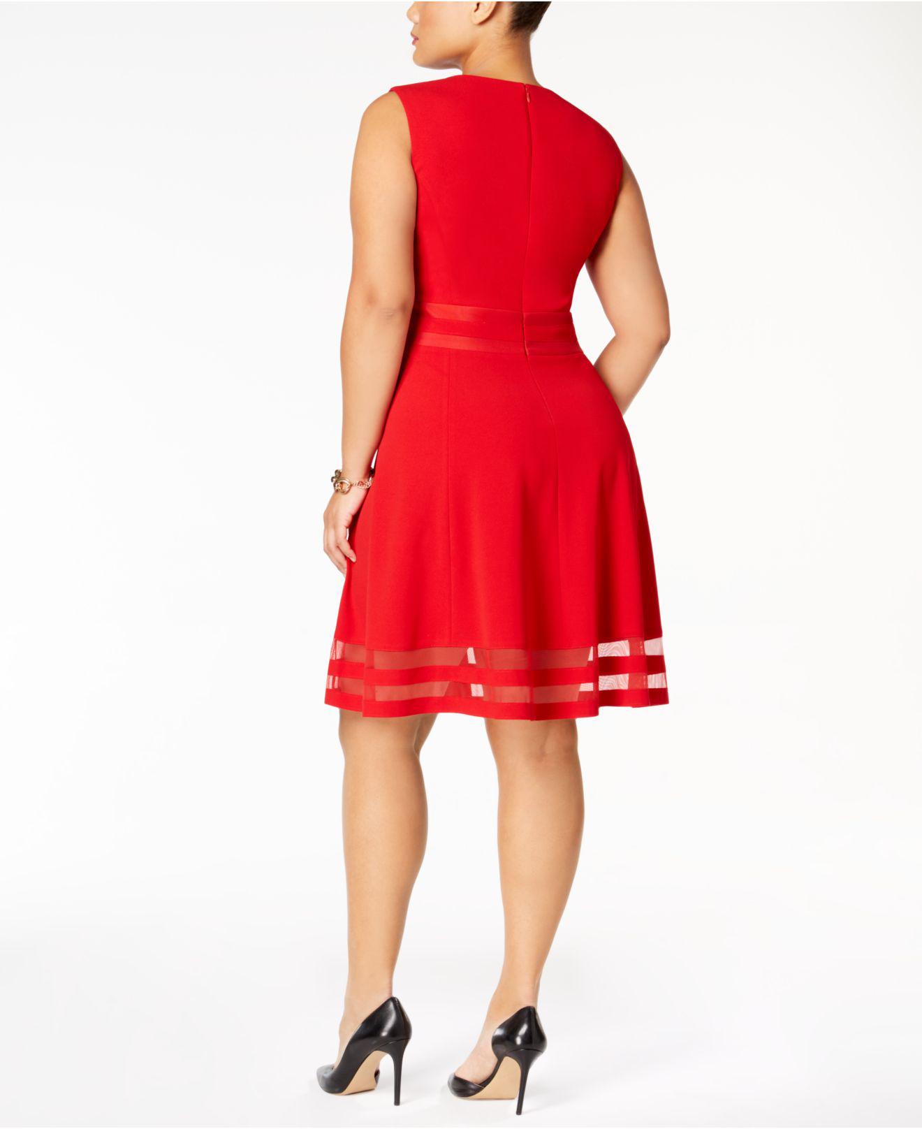 Calvin Klein Plus Size Illusion-trim Fit & Flare Dress in Red | Lyst