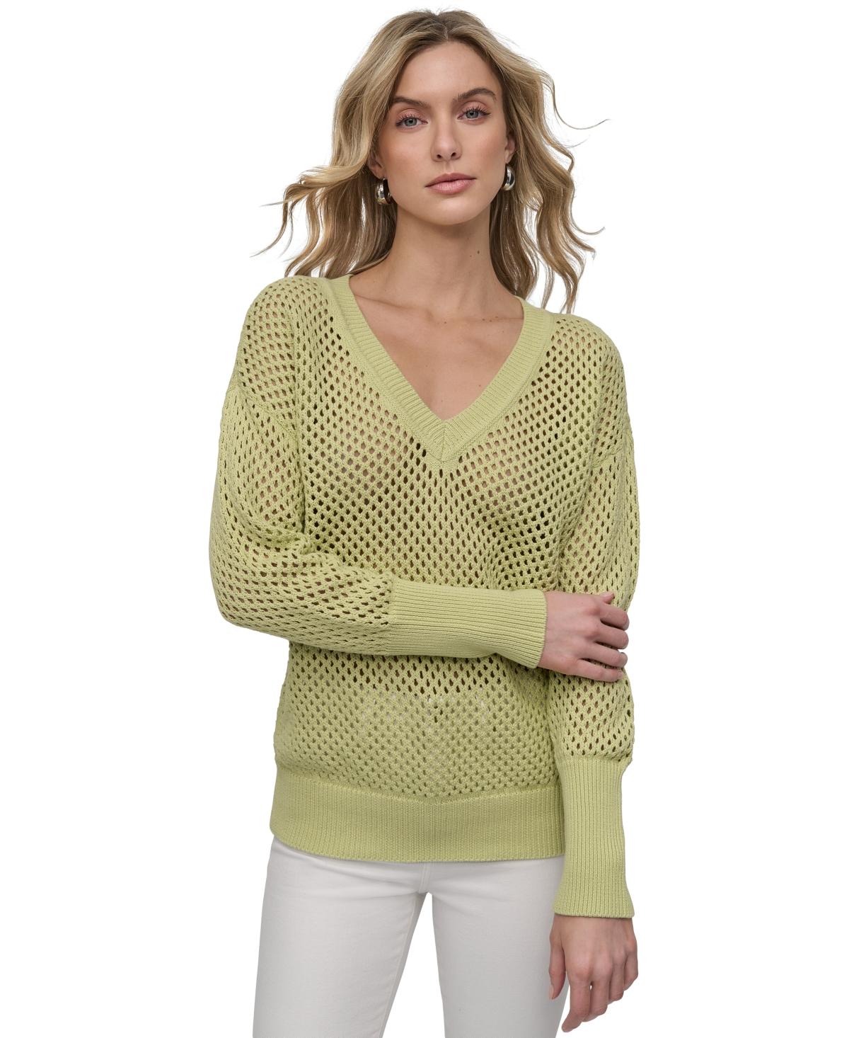 DKNY Cotton Open-knit V-neck Sweater in Green | Lyst