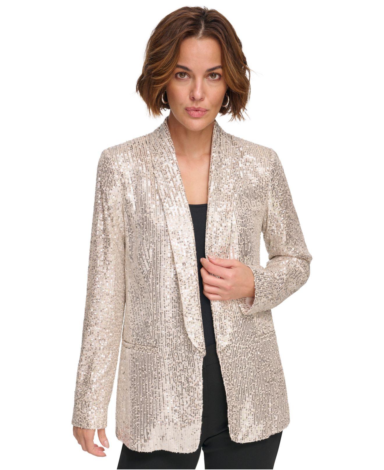 Dkny Sequin Open Front Shawl Collar Blazer In White Lyst