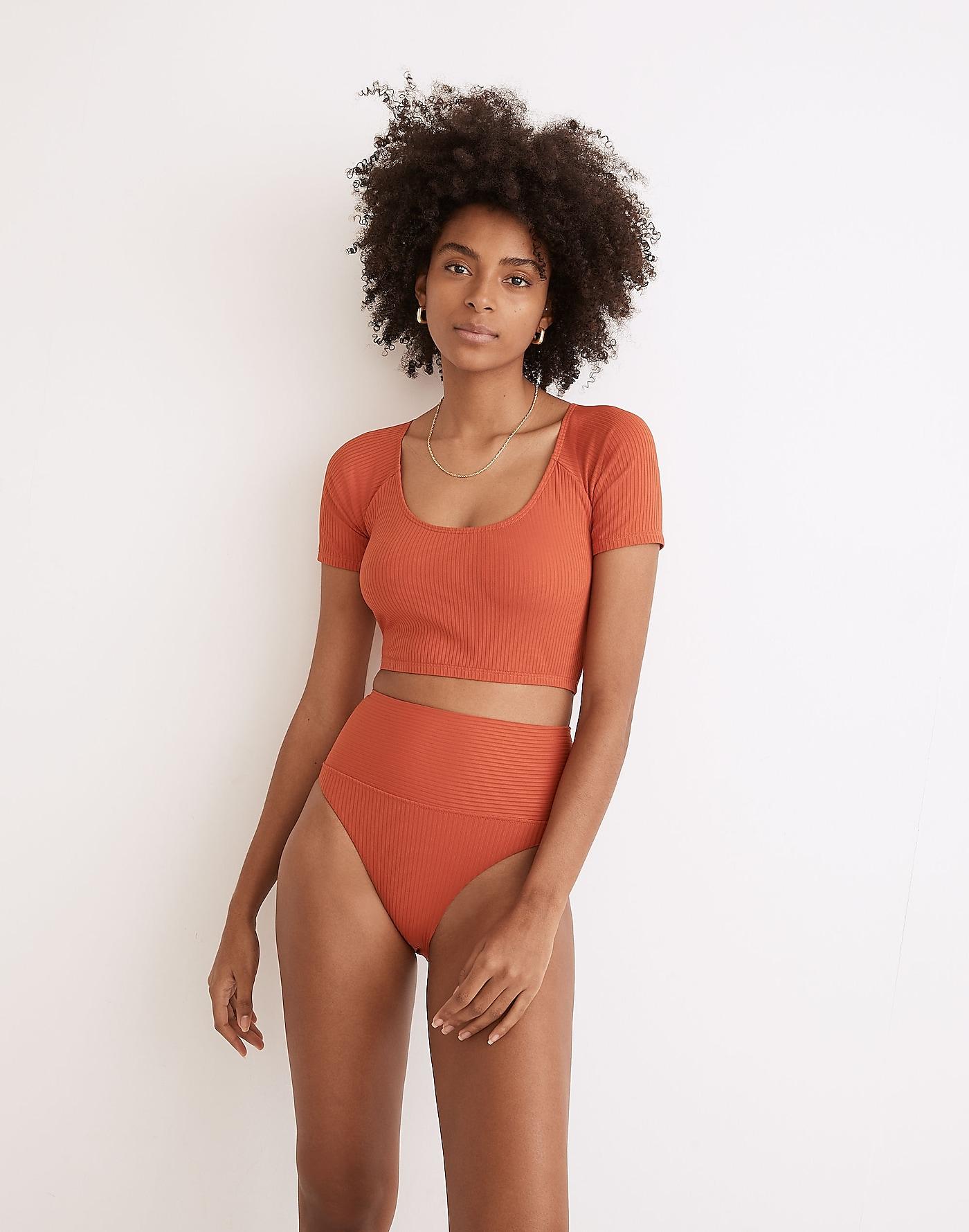 MW Madewell Second Wave Ribbed Short sleeve Crop Rash Guard in
