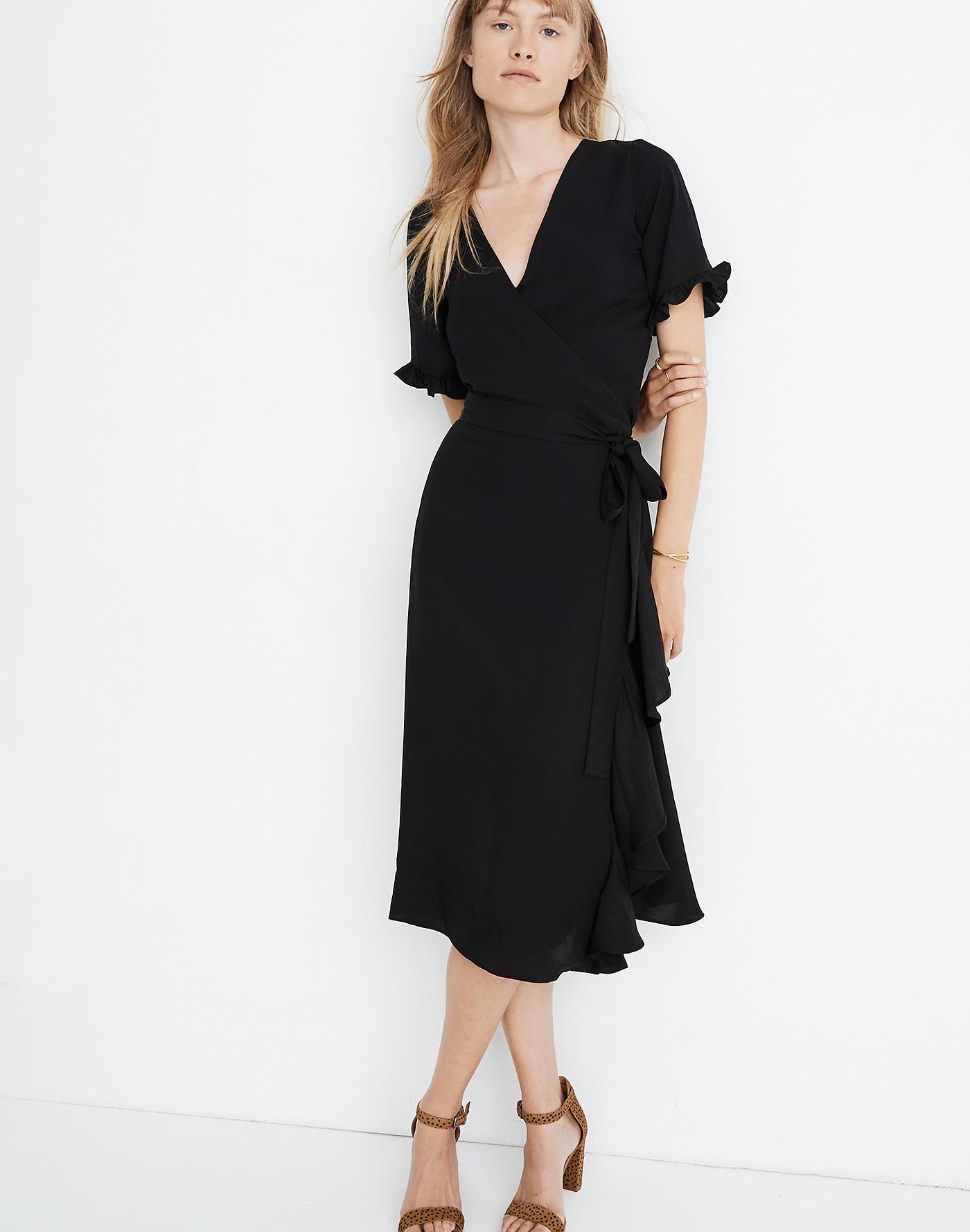 Madewell Satin Ruffle-sleeve Wrap Dress in Black - Lyst