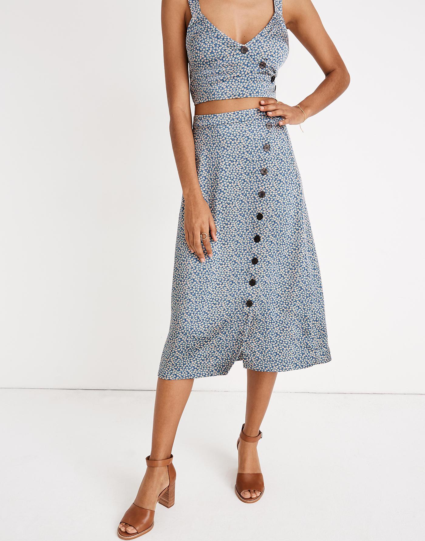Madewell Satin Side-button Midi Skirt In Bitsy Floral in Blue - Lyst