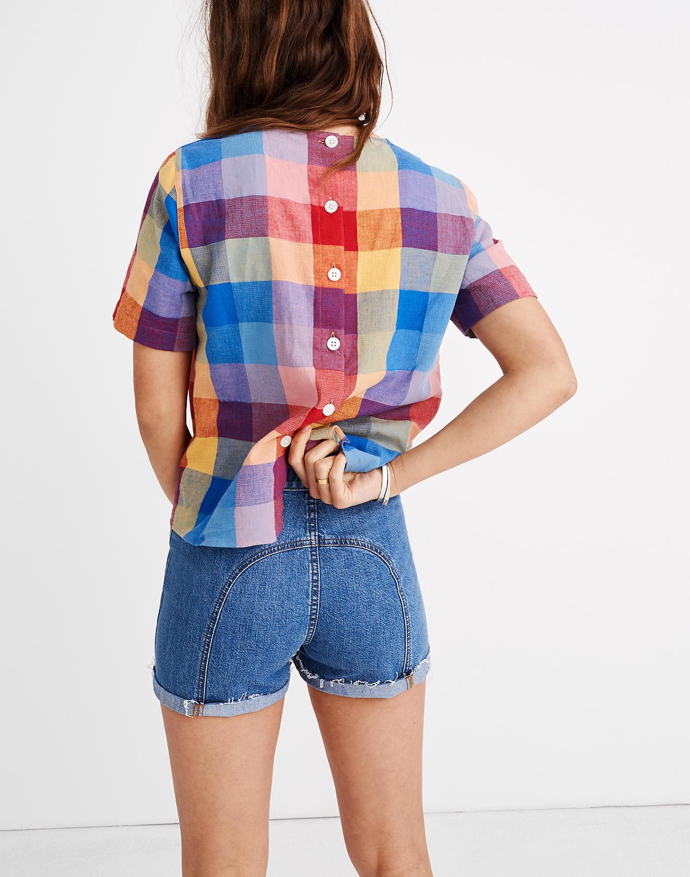 Madewell Denim Gingham Boxy Button Back Top in Blue | Lyst