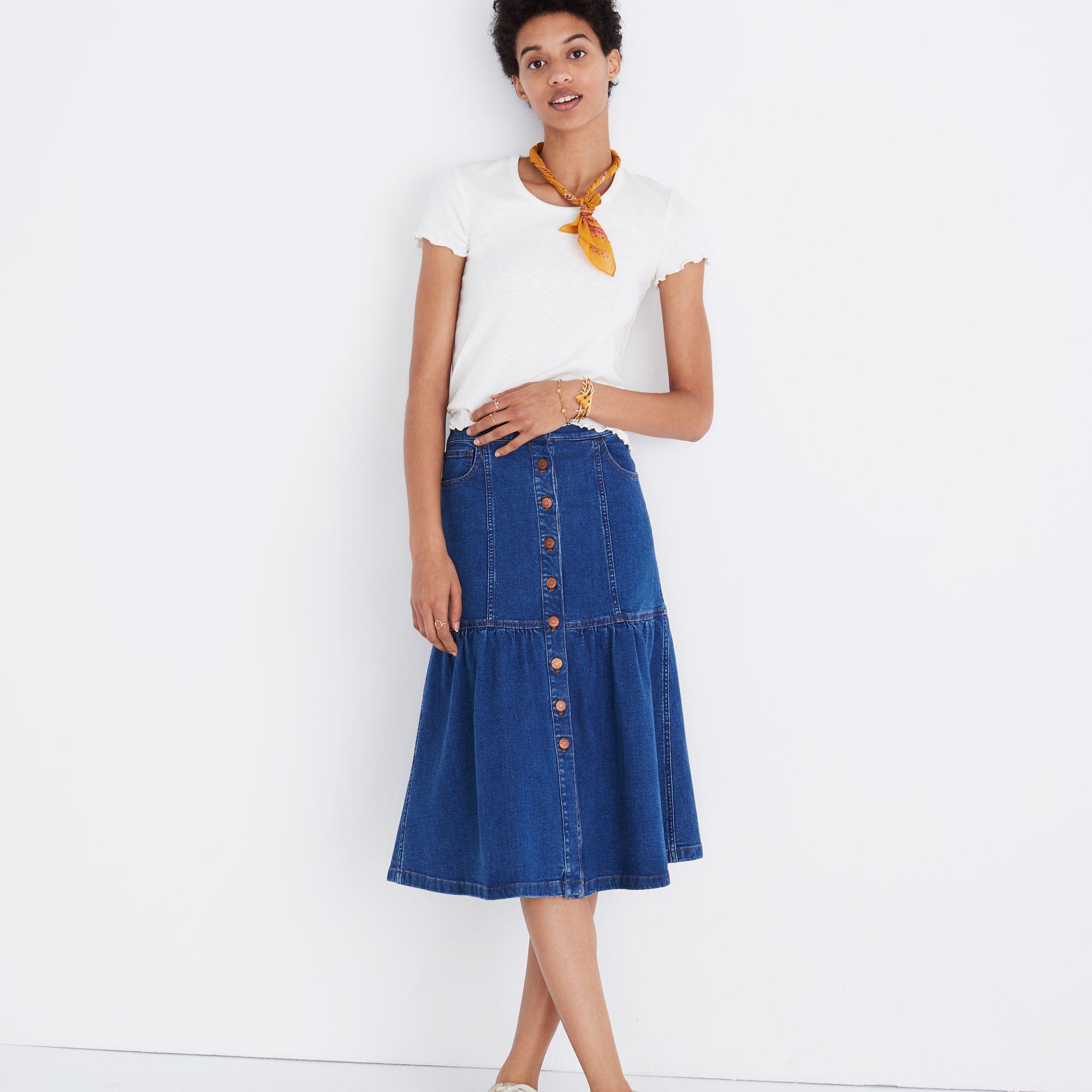 Madewell Denim Bayview Tiered Midi Skirt in Blue - Lyst