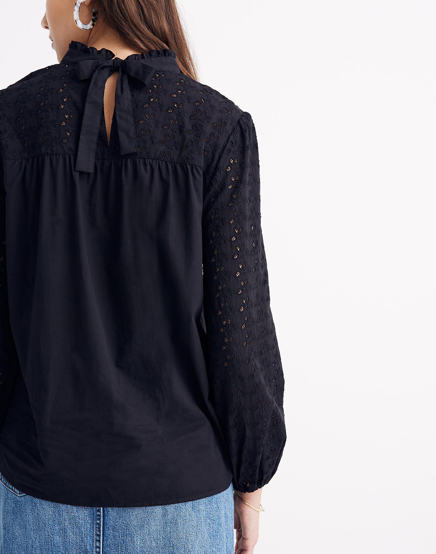 eyelet mockneck ruffle top