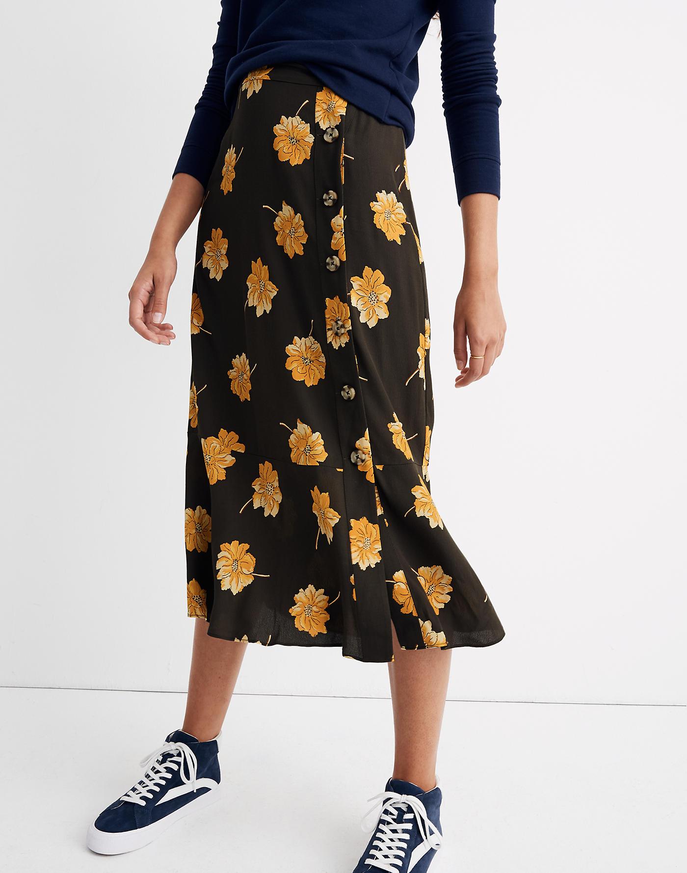 Madewell Synthetic Sidebutton Rufflehem Midi Skirt In Fall Flowers Lyst