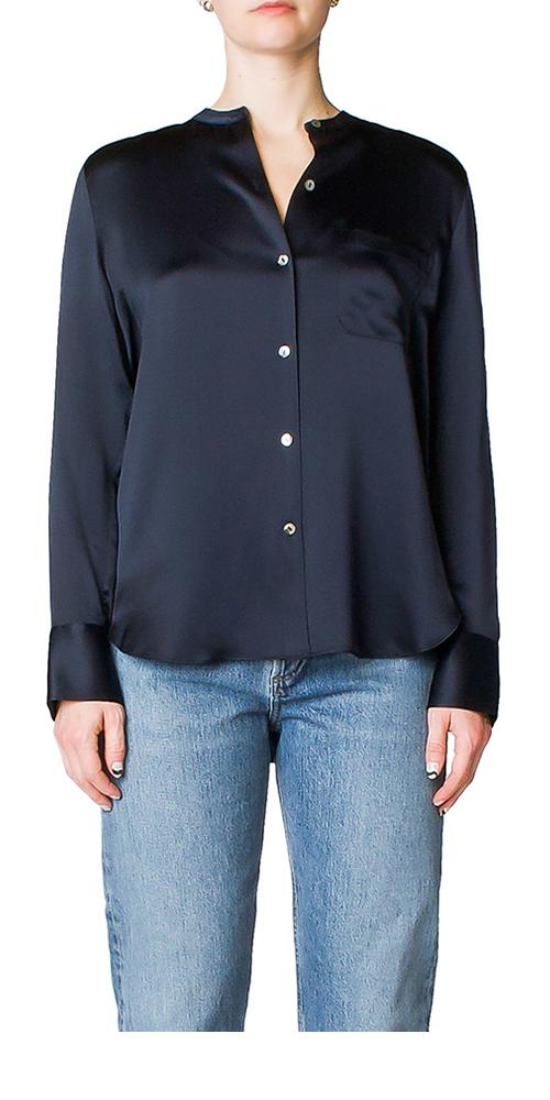 Vince Satin Band Collar Blouse in Blue Lyst
