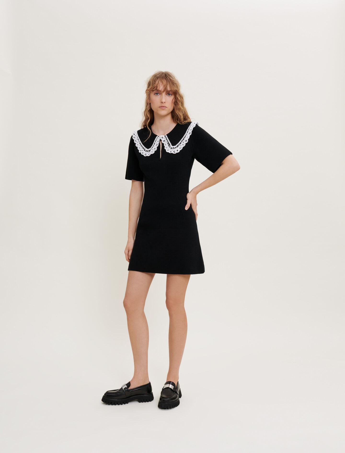 Maje Knitted Dress With Large Contrast Collar in Black | Lyst