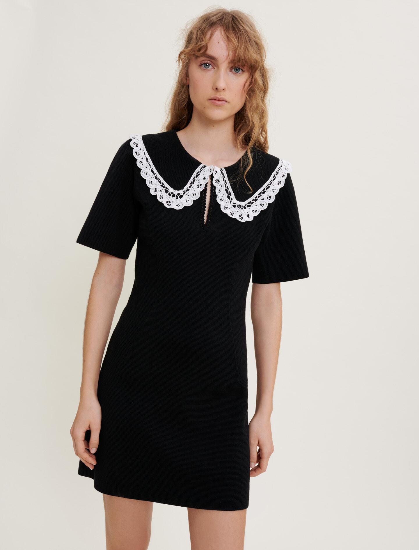 Maje Knitted Dress With Large Contrast Collar in Black | Lyst