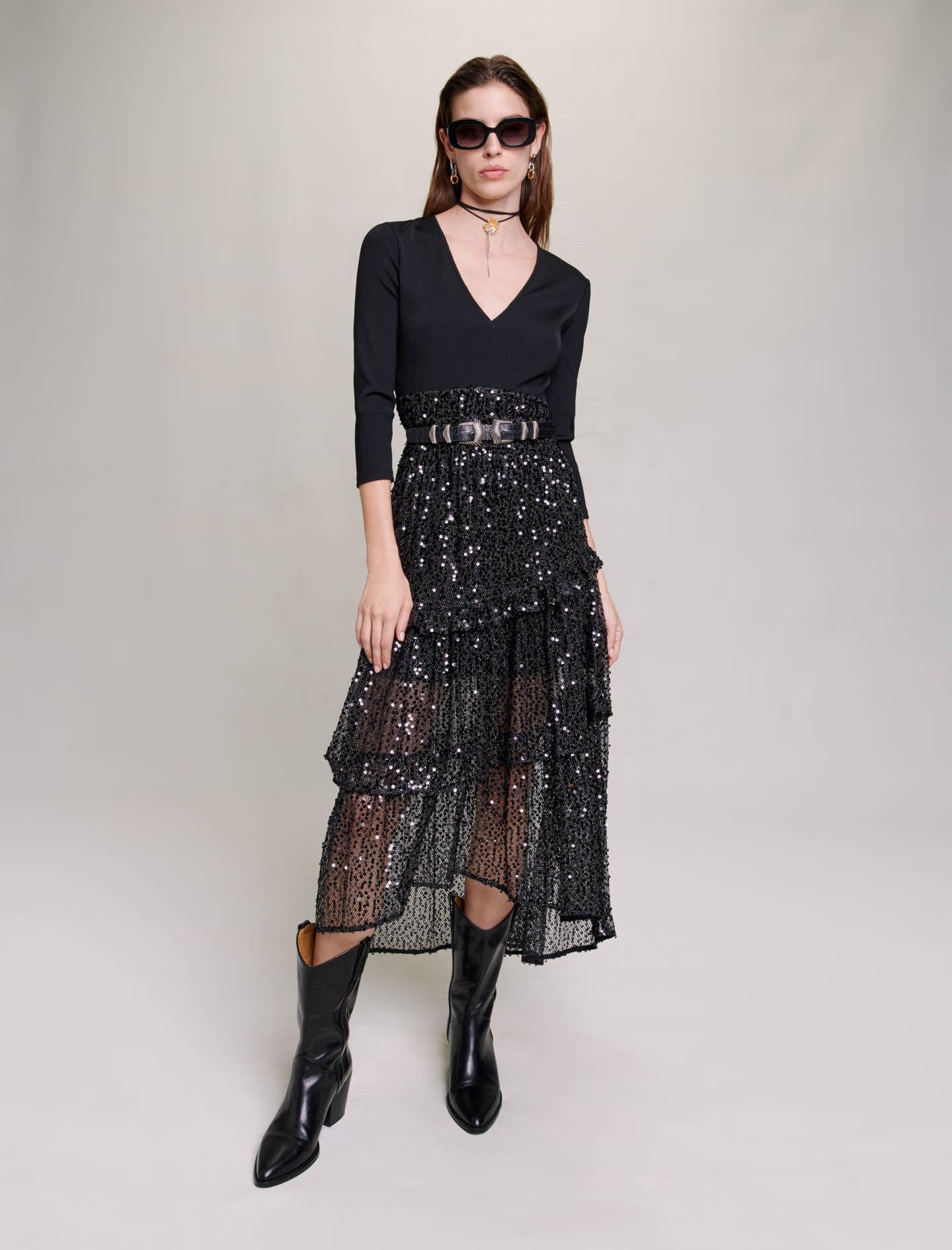 Maje Sequin And Mesh Maxi Dress in Black Lyst