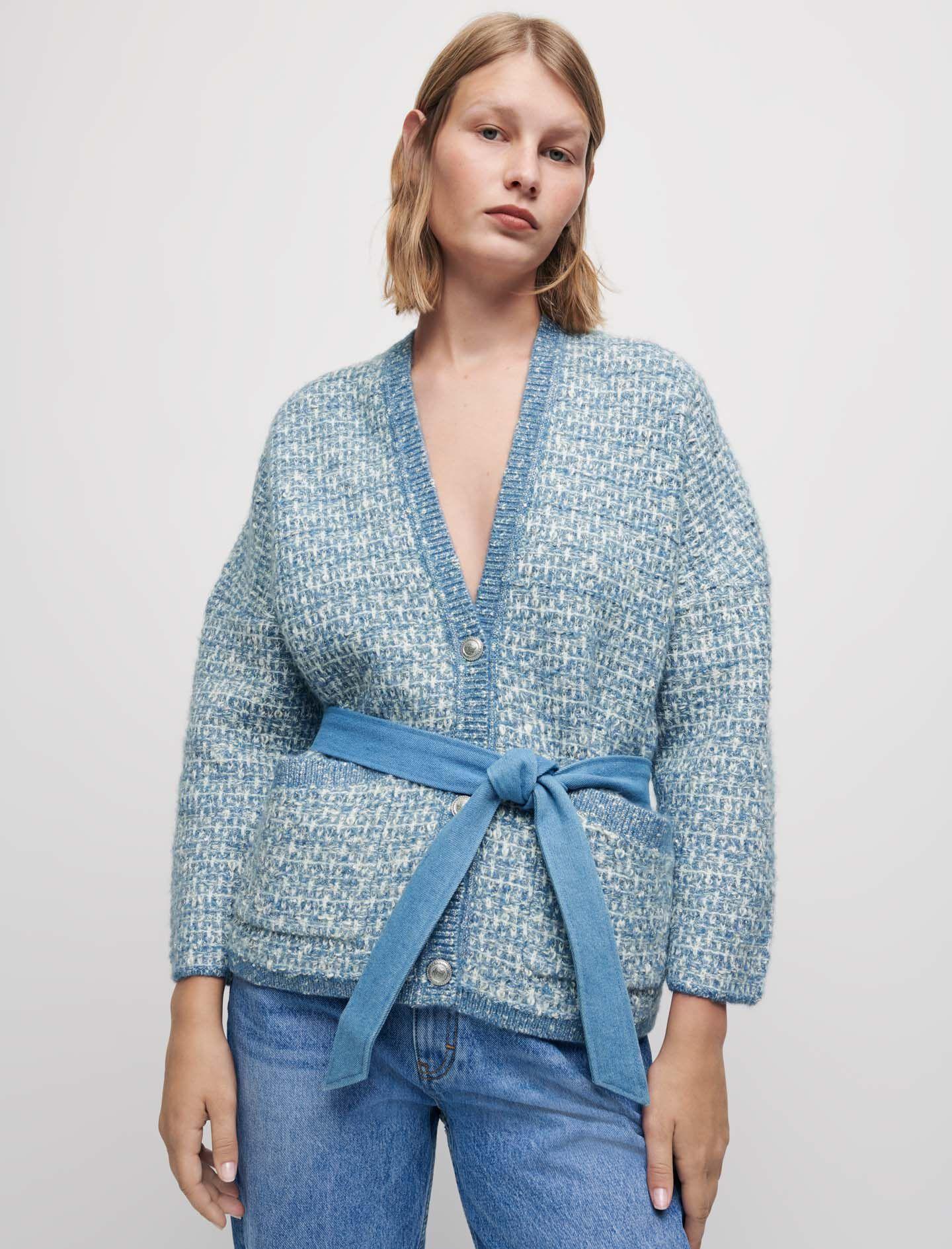 Maje Belted Fancy Knit Cardigan in Blue | Lyst