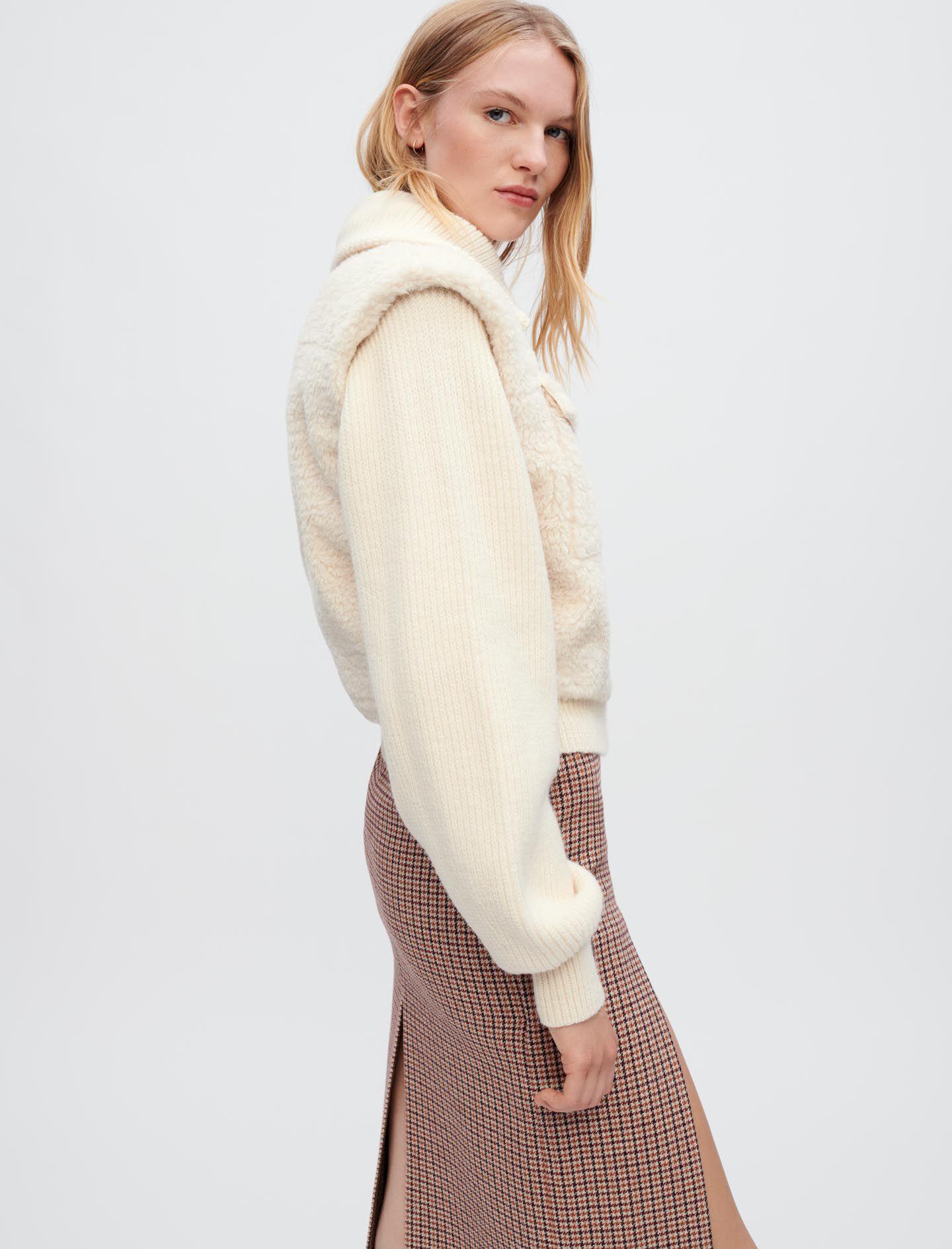 Maje Faux Fur And Knit Jacket in Natural | Lyst